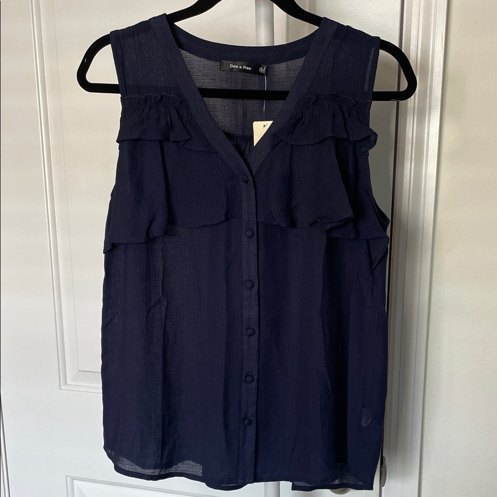 Doe & Rae Navy Sleeveless Ruffle Blouse